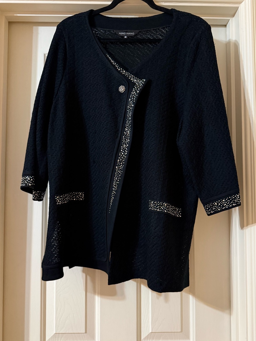 Ming Wang Black Knit Cardigan with Sparkling Trim